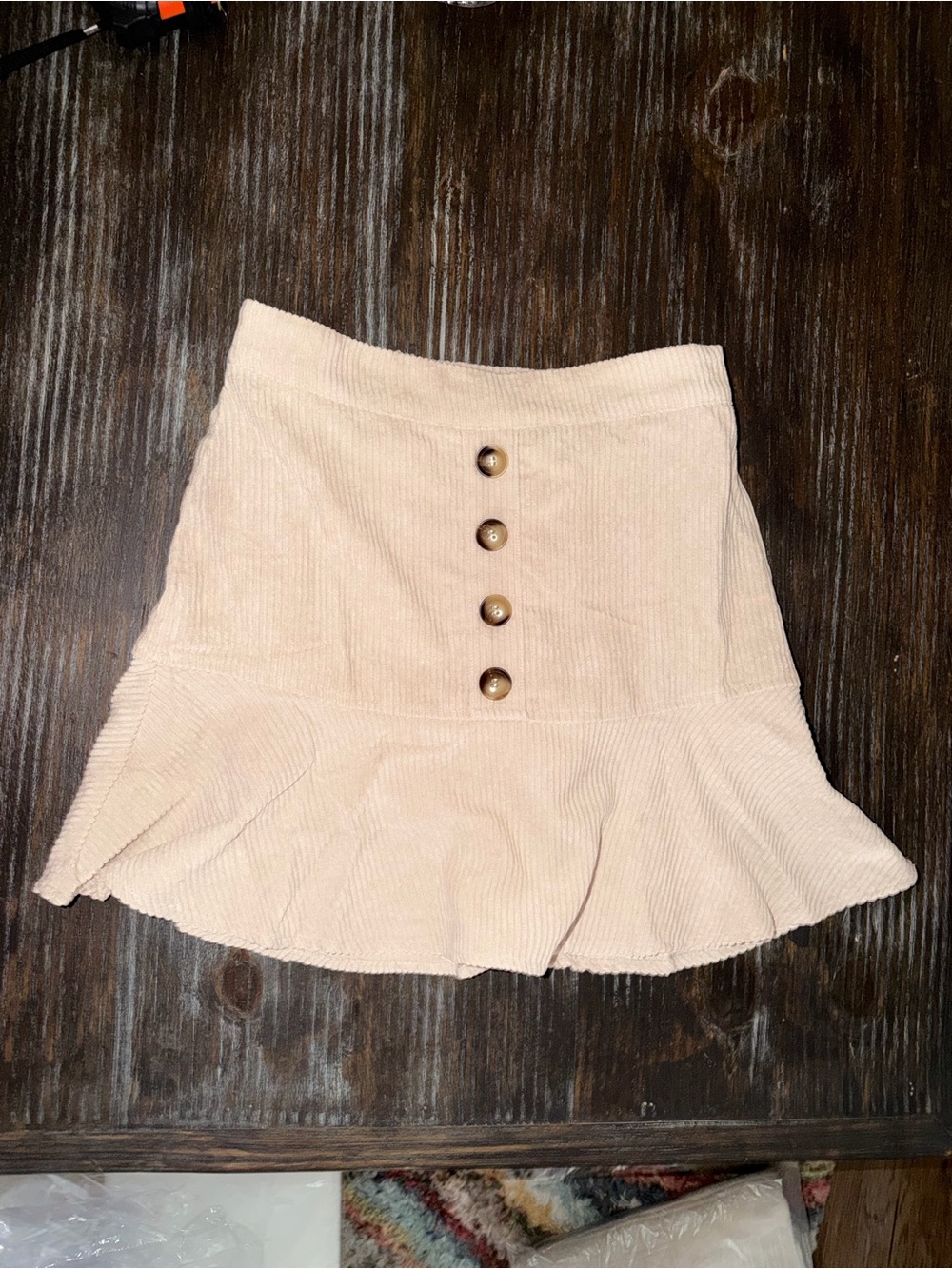 Promesa Cream Corduroy Ruffle-Hem Skirt with Front Buttons